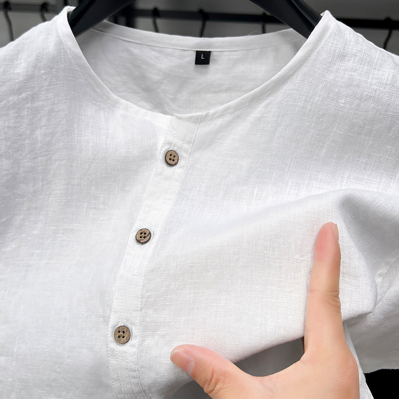 Men's Summer Casual Linen Crew-Neck Short-Sleeve Shirt